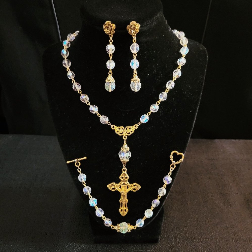3-Piece Gold Tone Rosary Jewelry Set with Clear Aurora Borealis Glass Beads